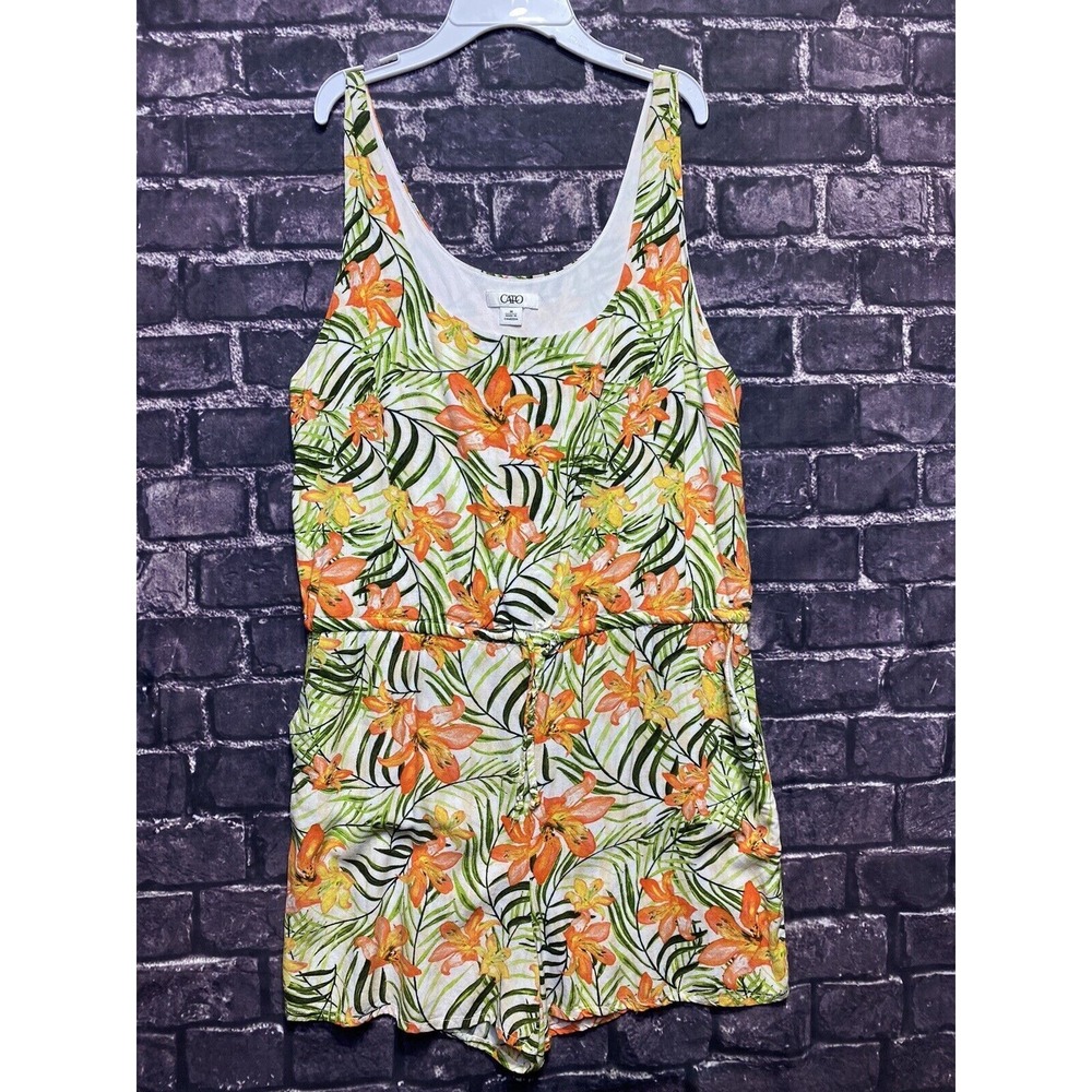 Cato Tank Top Romper Shorts Women Medium Green Orange Tropical Drawstring Pocket